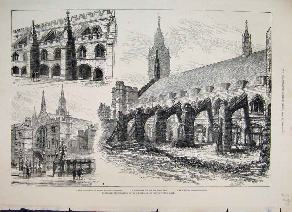 Original Old Antique Print 1884 Proposed Restore Outside Westminster Hall 19th
