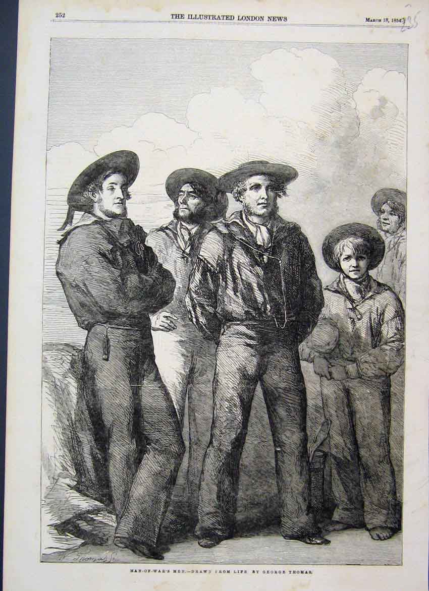 Original Old Antique Print 1854 Man War Naval Vessel Sailors Thomas Victorian