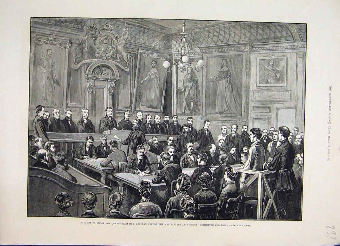 Original Old Antique Print 1882 Attempt Shoot Queen Trial Maclean Windsor 19th