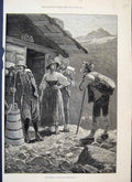 Original Old Antique Print 1881 Tourists Switzerland Wood Plunger Butter Maker