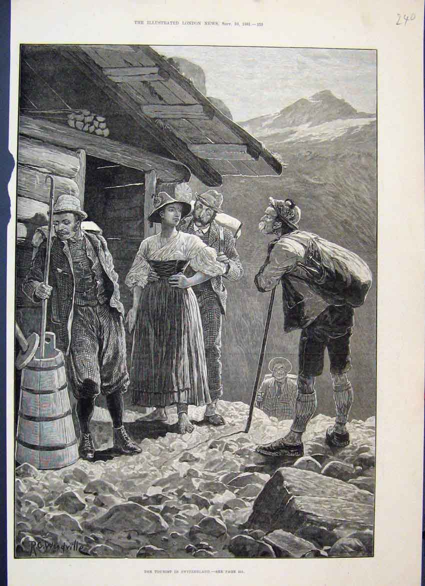 Original Old Antique Print 1881 Tourists Switzerland Wood Plunger Butter Maker