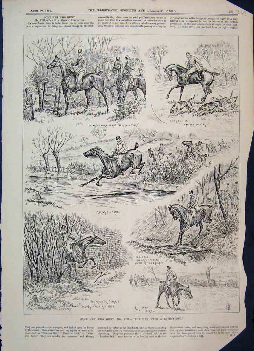 Original Old Antique Print 1892 Men Who Fox Hunt Man With Reputation Victorian