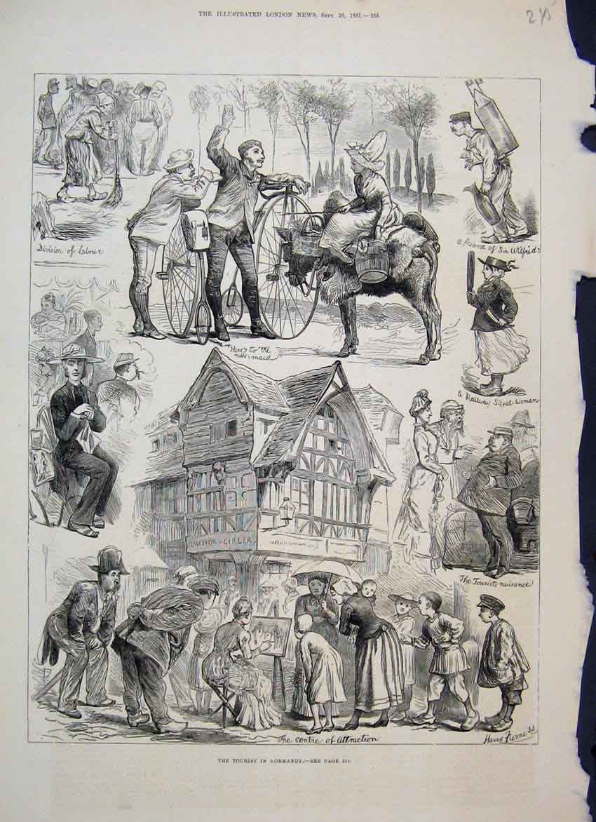 Original Old Antique Print 1881 Tourist Normandy Sketches Milkmaid Signal Woman