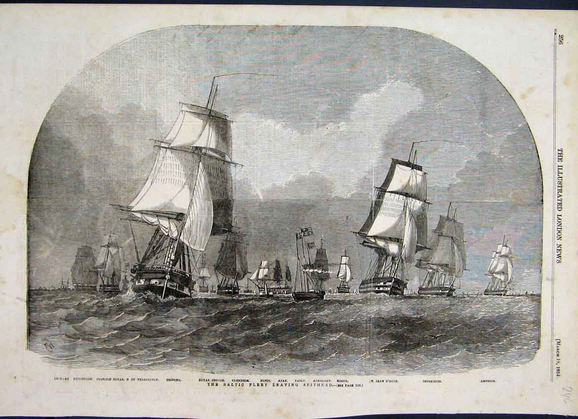 Original Old Antique Print 1854 Baltic Fleet Leaving Spithead Boats Napier 19th