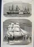 Original Old Antique Print 1866 Spitful Towing Boat Port Stanley Falklands 19th