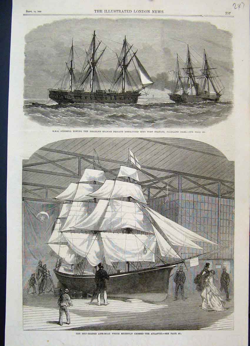 Original Old Antique Print 1866 Spitful Towing Boat Port Stanley Falklands 19th