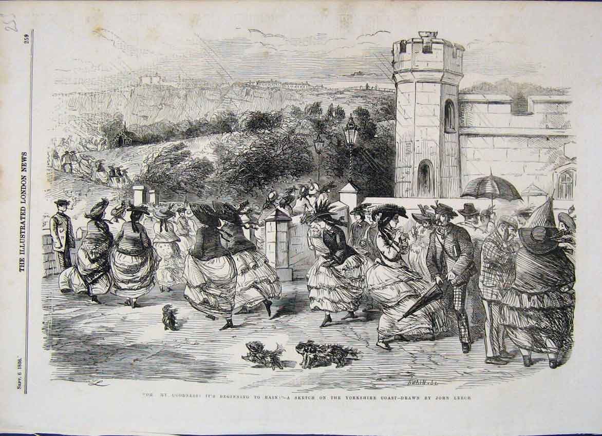 Original Old Antique Print 1856 Its Raining Ladies Dogs Run For Cover Victorian