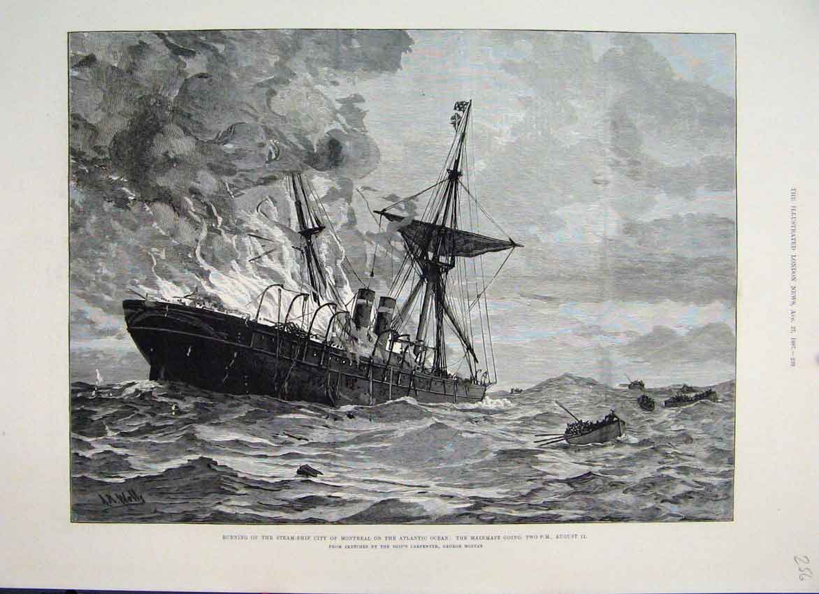 Original Old Antique Print 1887 Burning Steam Ship City Montreal Atlantic 19th