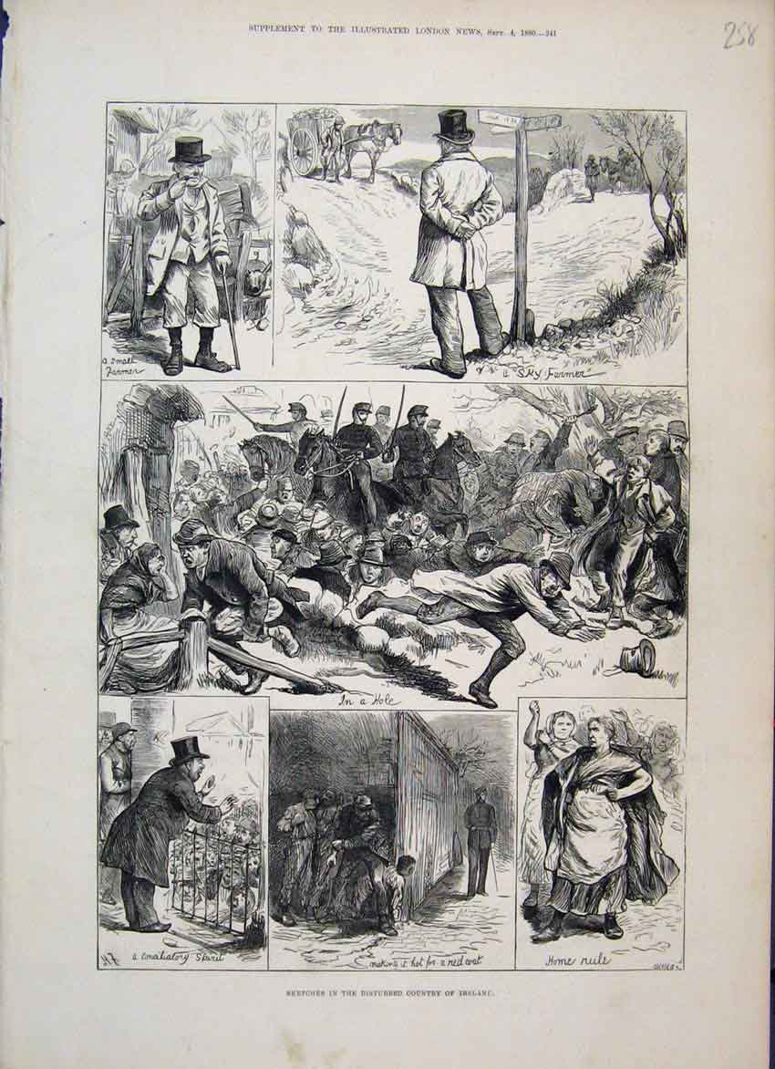 Original Old Antique Print 1880 Ireland Disturbances Home Rule Farmers Victorian