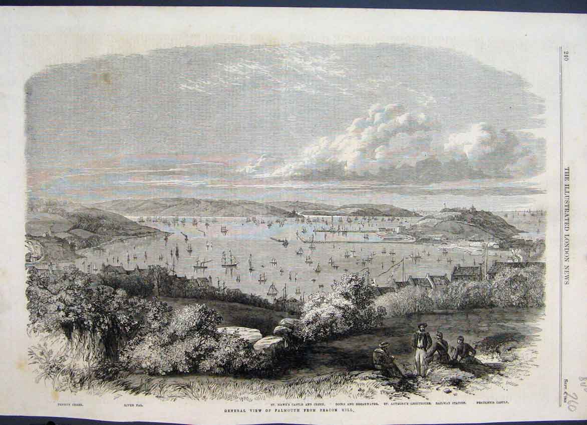 Original Old Antique Print 1863 View Falmouth Beacon Hill Pendennis Victorian