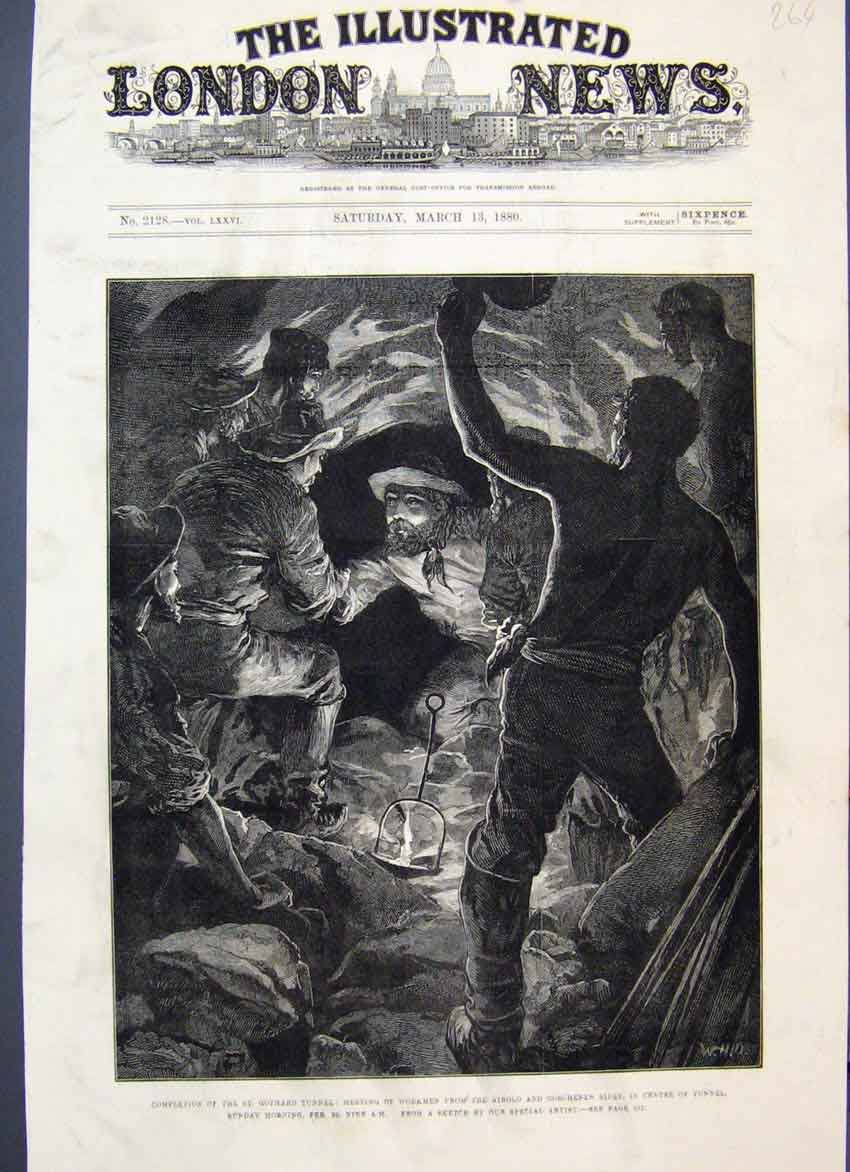 Original Old Antique Print 1880 St Gothard Tunnel Workmen Break Through 19th