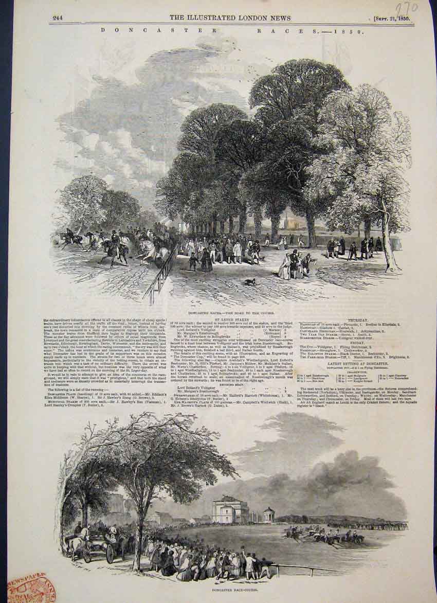 Original Old Antique Print 1850 Doncaster Horse Races Day Out 19th