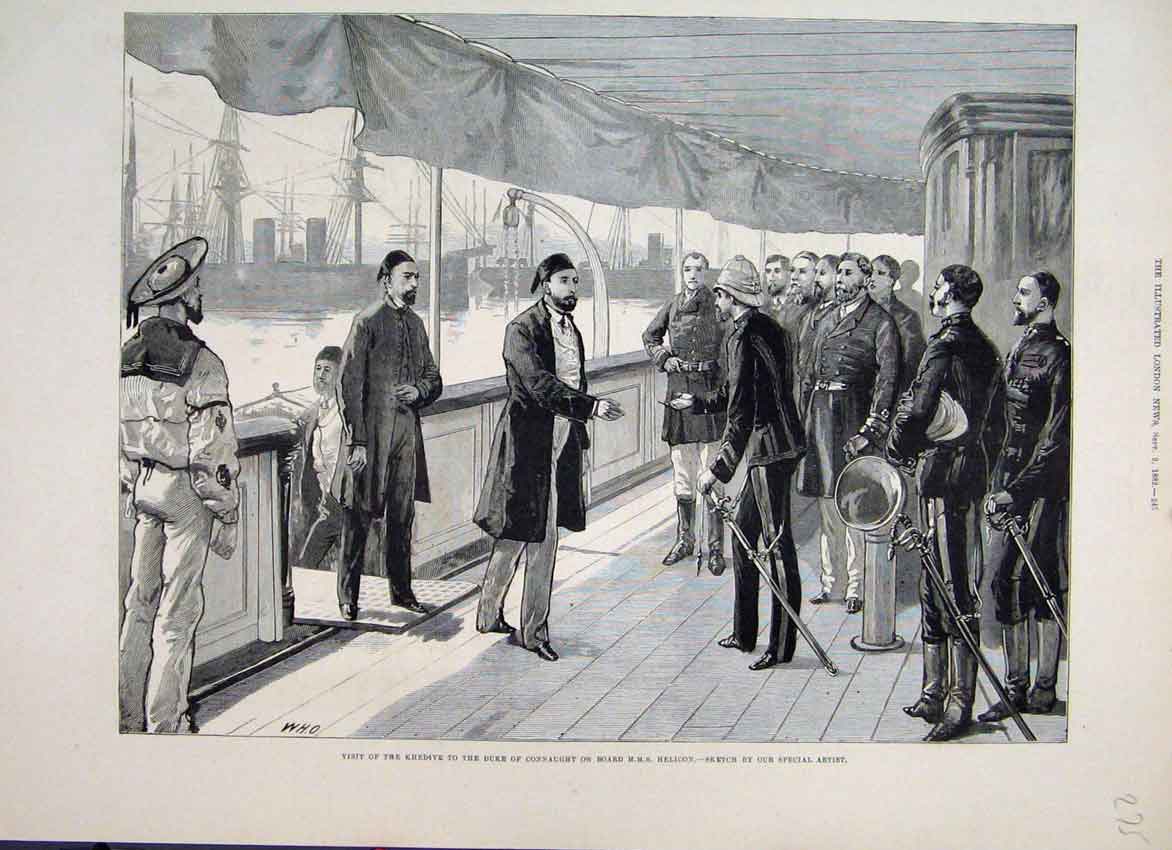 Original Old Antique Print 1882 Khedive Visit Duke Connaught Helicon Victorian