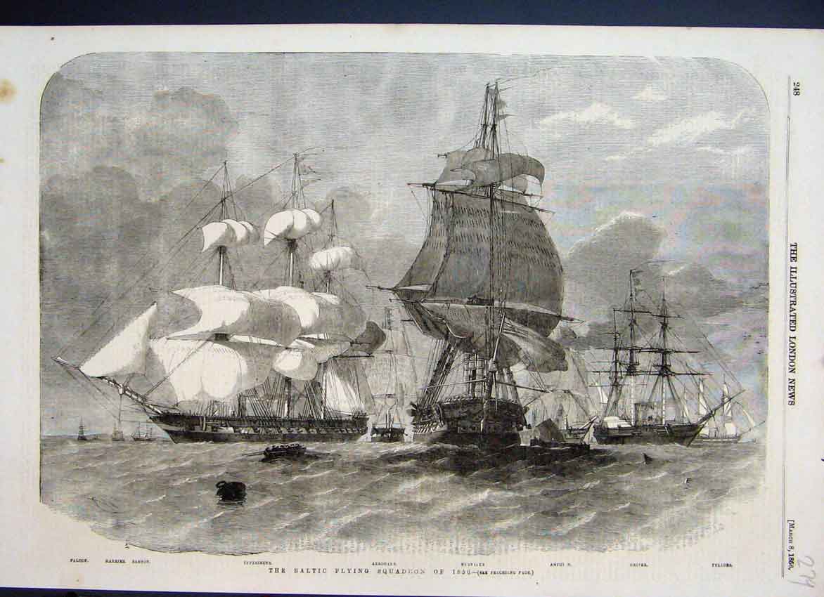 Original Old Antique Print 1856 Baltic Flying Squadron Falcon Harrier Samson