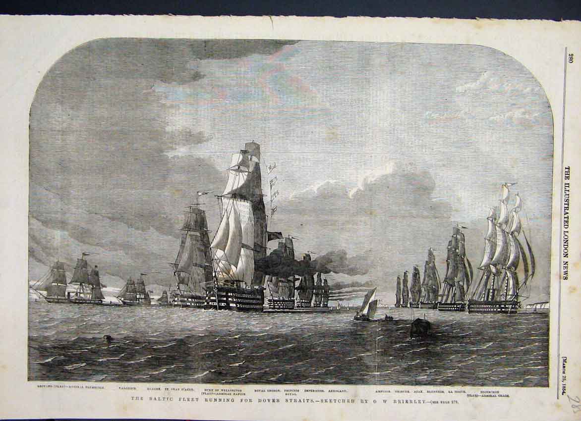 Original Old Antique Print 1854 Baltic Fleet Dover Strait Ship Brierley 19th
