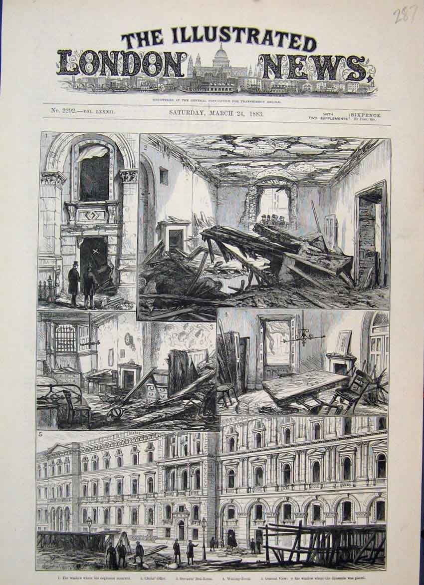 Old Antique Print 1883 Attempted Explosion Government Office Westminster 19th