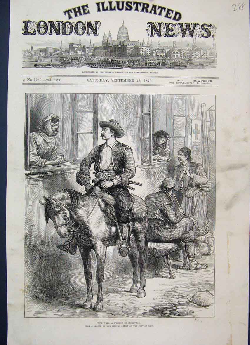 Original Old Antique Print 1876 Man Horse Friend Hospital Visit 19th