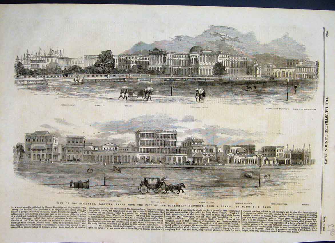 Original Old Antique Print 1859 Esplanade Calcutta Ochterlony Monument Victorian
