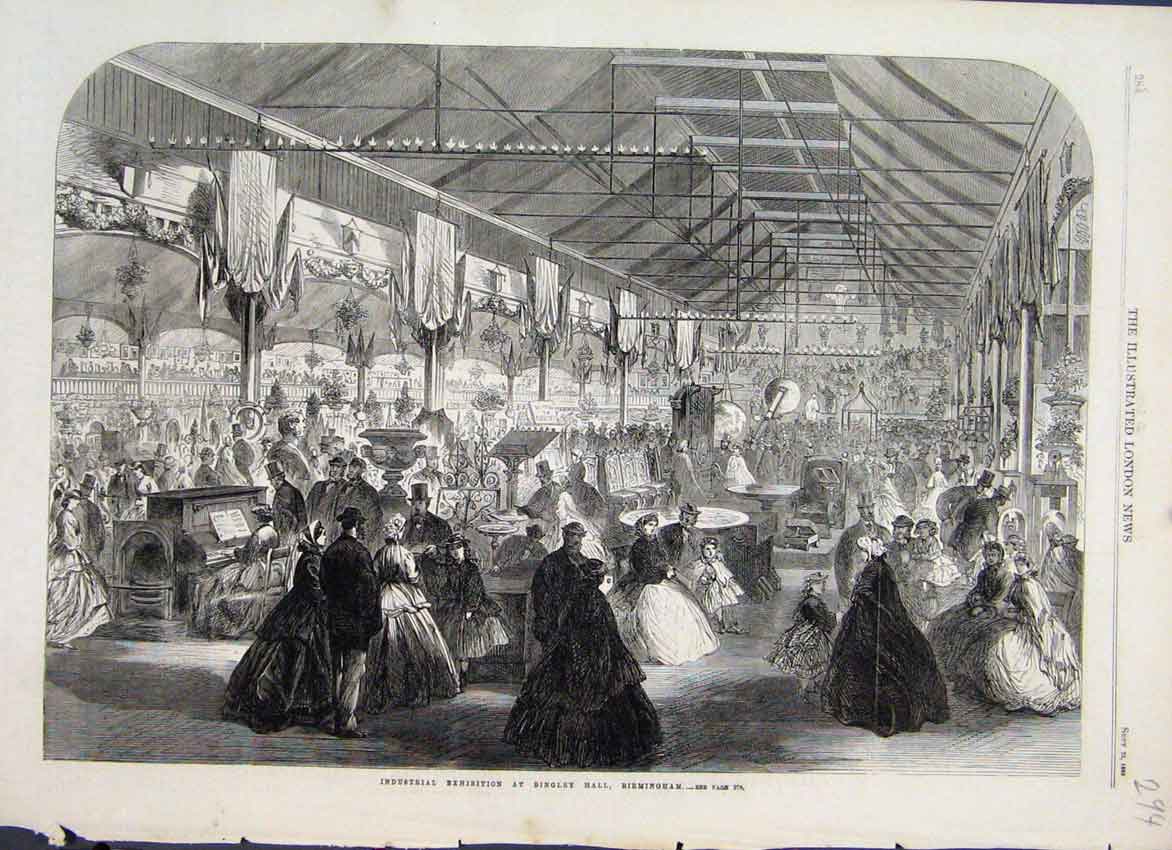 Original Old Antique Print 1865 Crowd Bingley Hall Birmingham Exhibition 19th