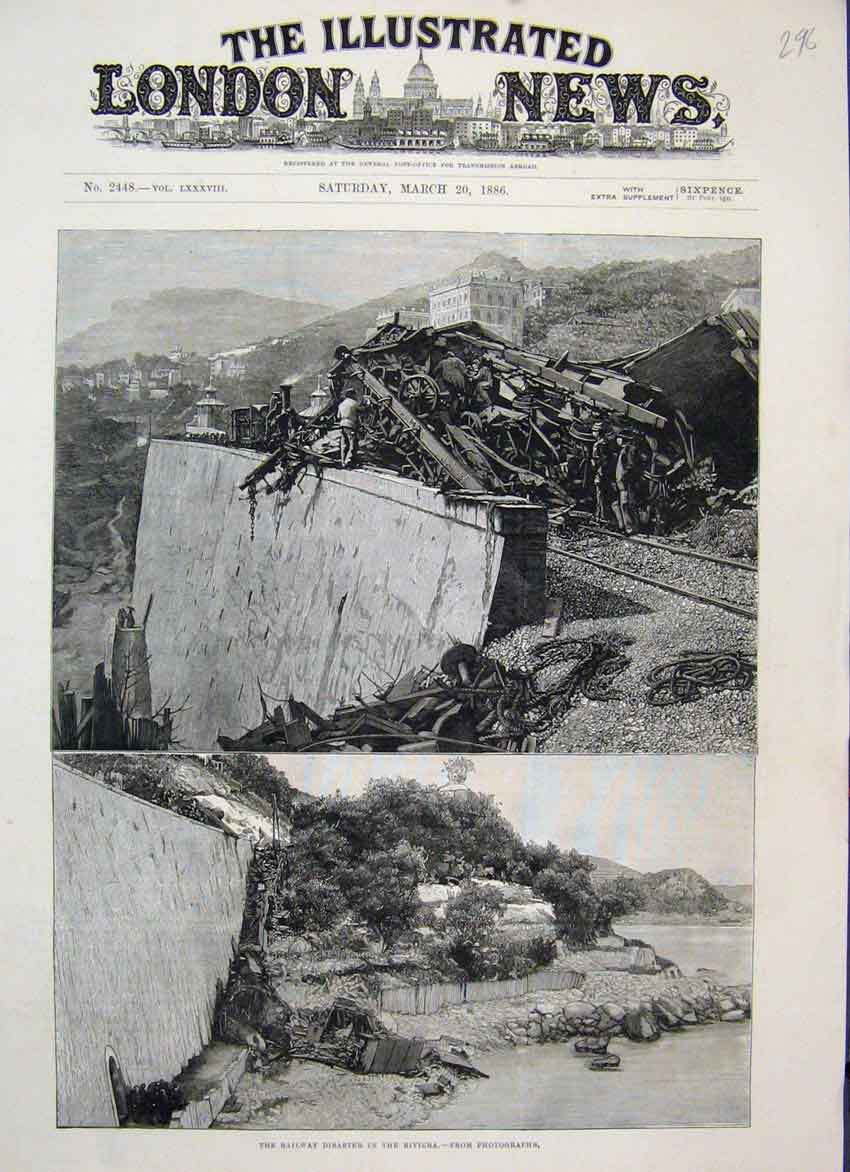 Original Old Antique Print 1886 Railway Disaster In Riviera Train Wreakage 19th