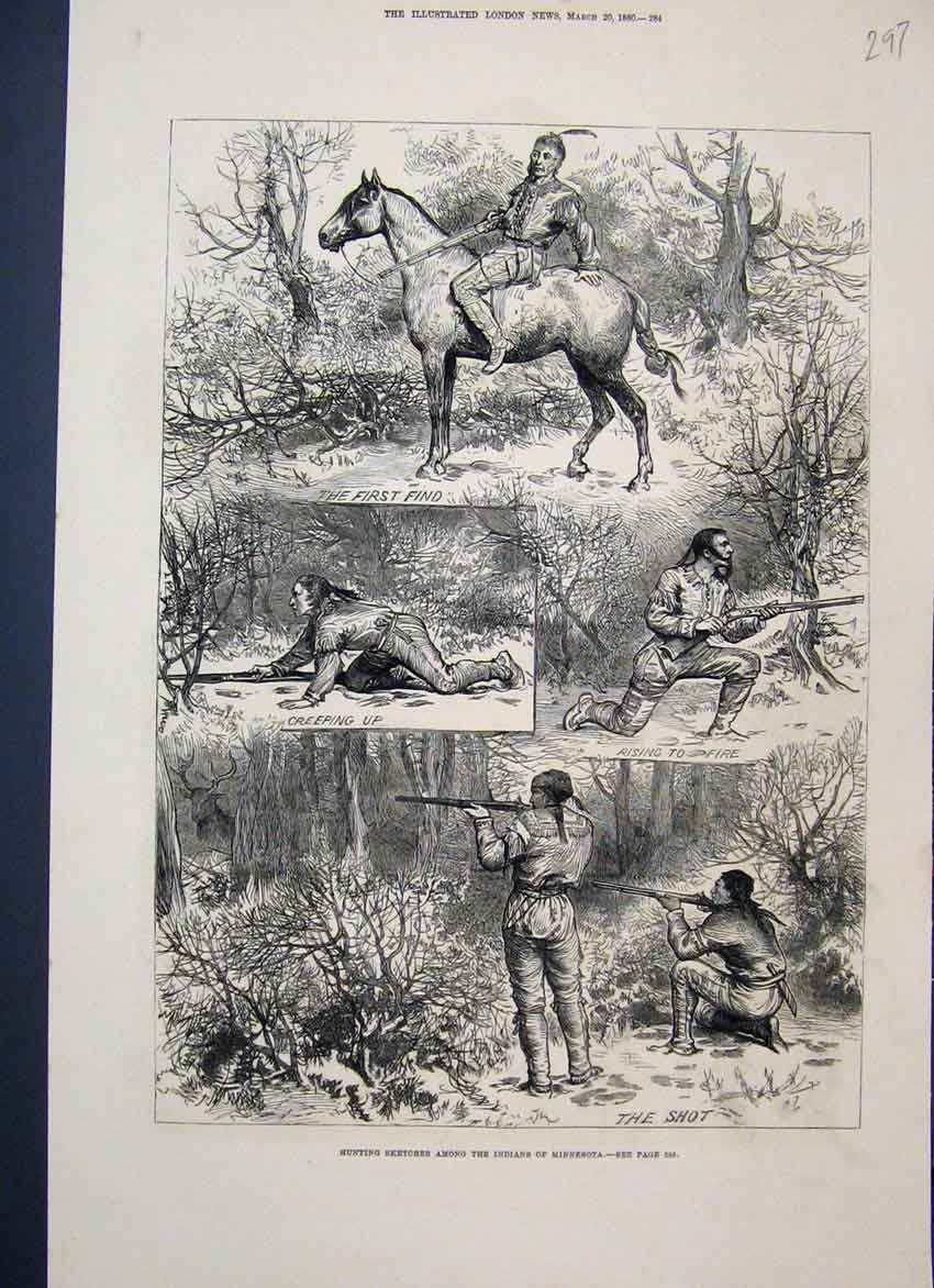 Original Old Antique Print 1880 Hunting Sketches Minnesota Indians Horse 19th