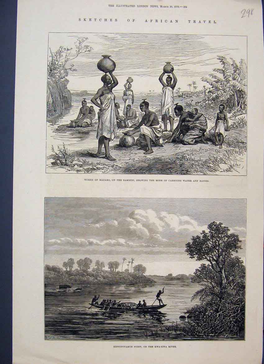 Original Old Antique Print 1878 Mazaro Zambesi Hippopotamus Point Kwa Kwa River
