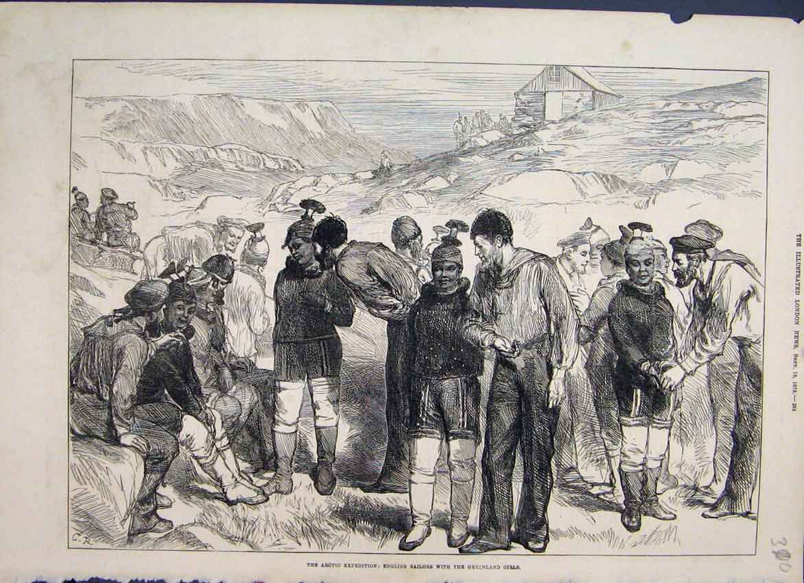 Original Old Antique Print 1875 Artic English Sailors Greenland Girls Victorian
