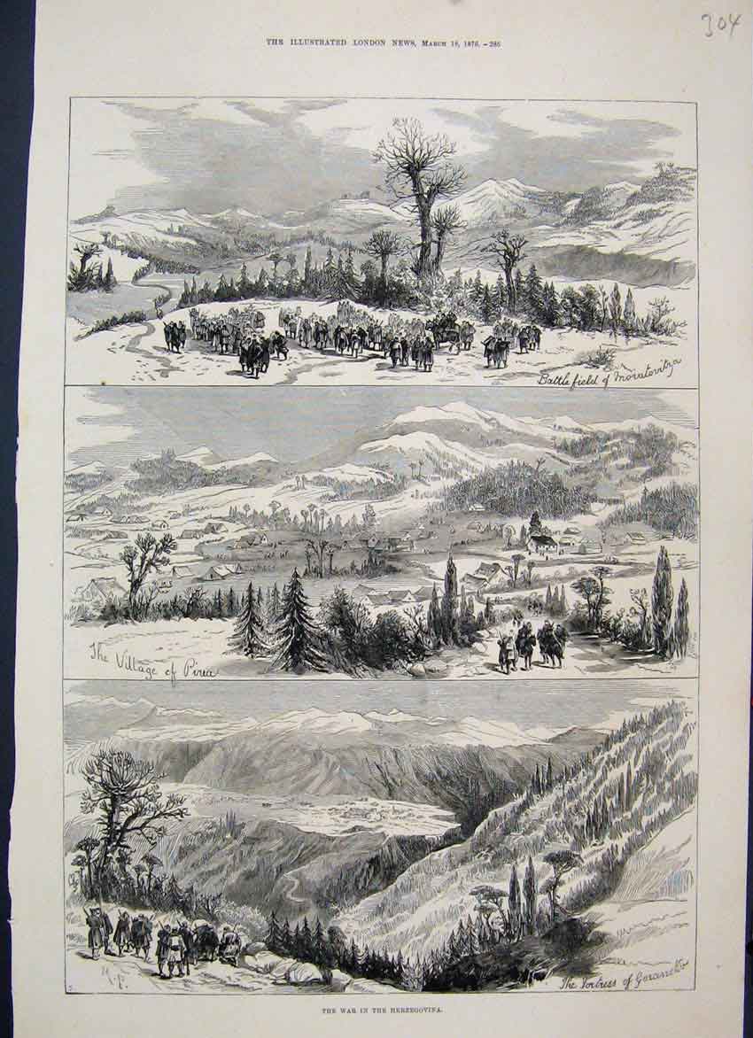 Original Old Antique Print 1876 Views Herzegovina Battlefield Fortress Victorian