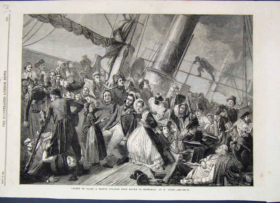 Original Old Antique Print 1863 Scene French Steamer Havre To Honfleur Victorian