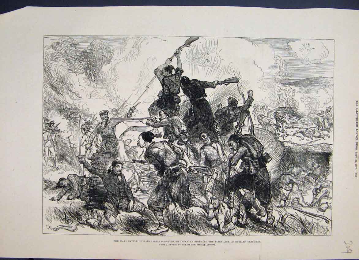 Original Old Antique Print 1877 Karahassankoi Battle Turkish Russian Trench 19th