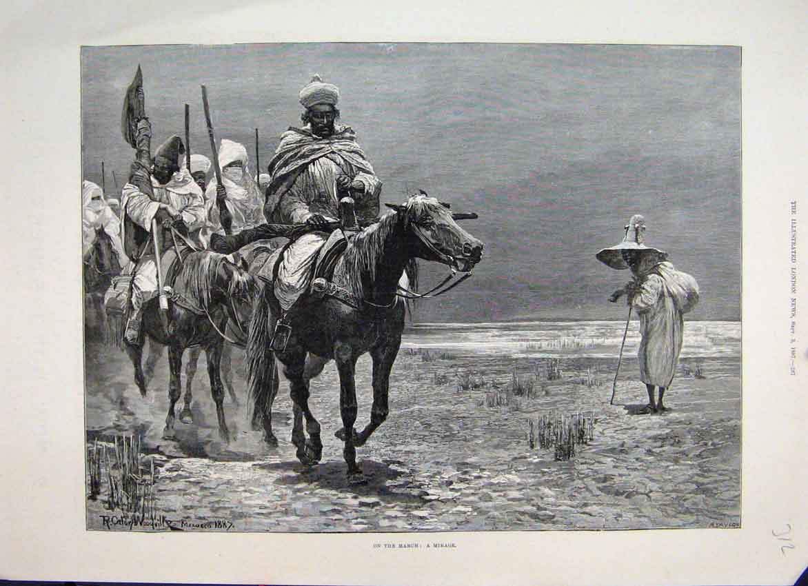 Original Old Antique Print 1887 On The March Men Horses Mirage Desert Victorian