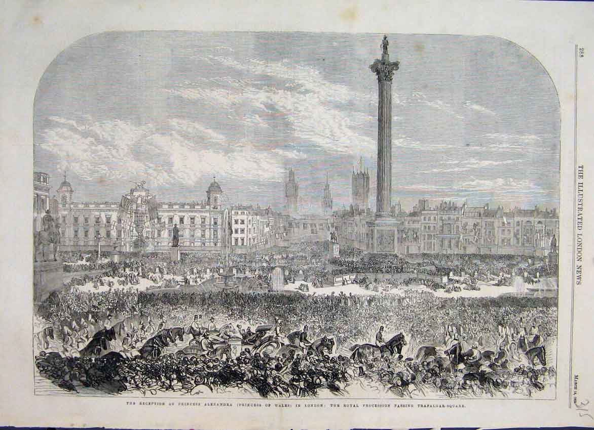 Original Old Antique Print 1863 Royalty Trafalgar Square Nelsons Column 19th