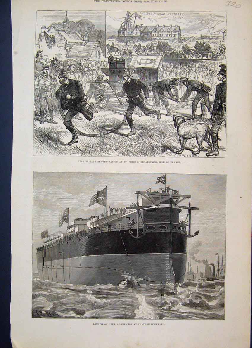 Original Old Antique Print 1879 Fire Brigade Broadstairs Thanet Agamemnon 19th