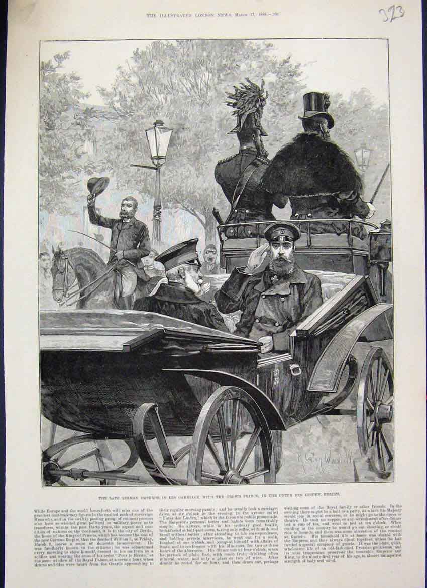 Original Old Antique Print 1888 Late German Emperor Carriage Linden Berlin 19th