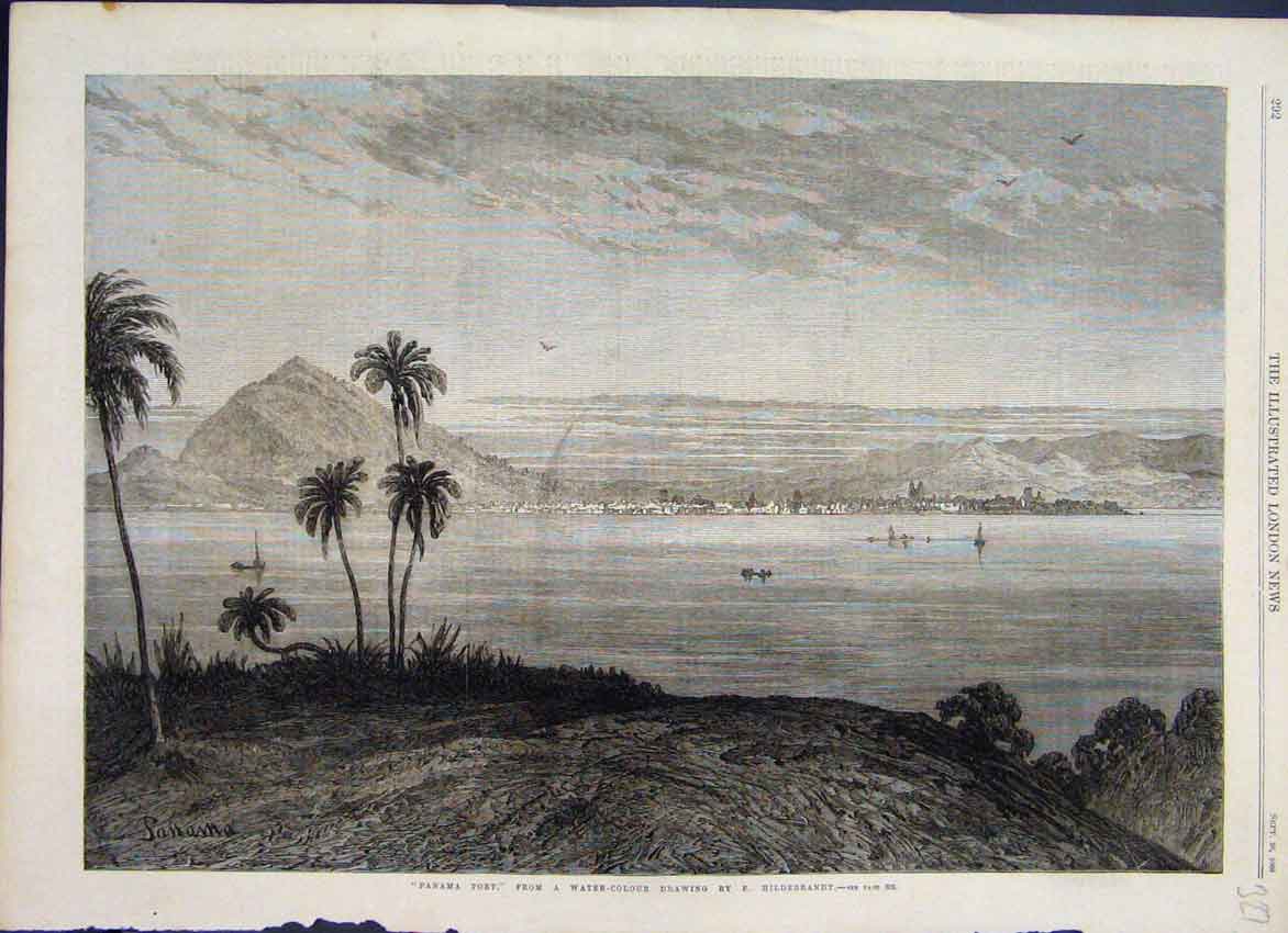 Old Antique Print 1868 Panama Port From Water Colour Drawing Hildebrandt 19th