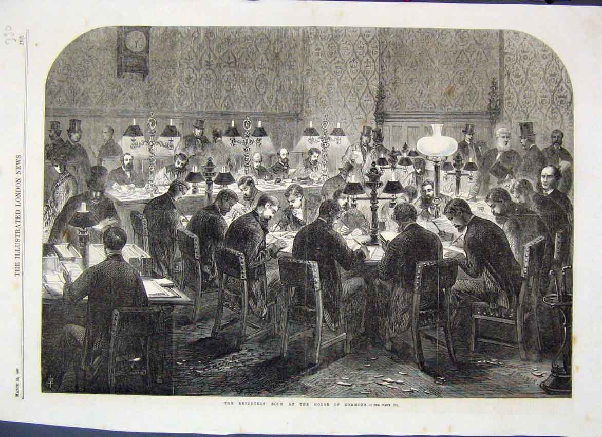 Original Old Antique Print 1867 Reporters Room House Commons 19th