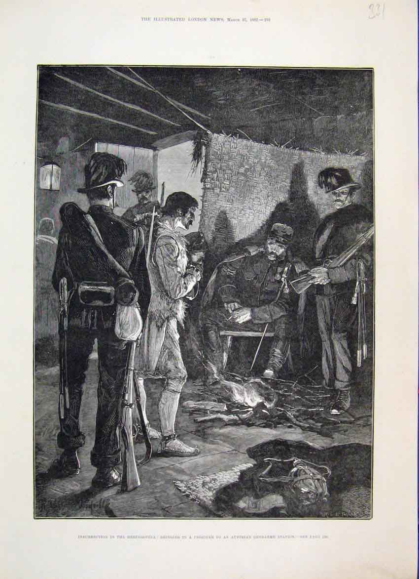 Original Old Antique Print 1882 Bringing Prisoner Austrian Gendarme Station 19th
