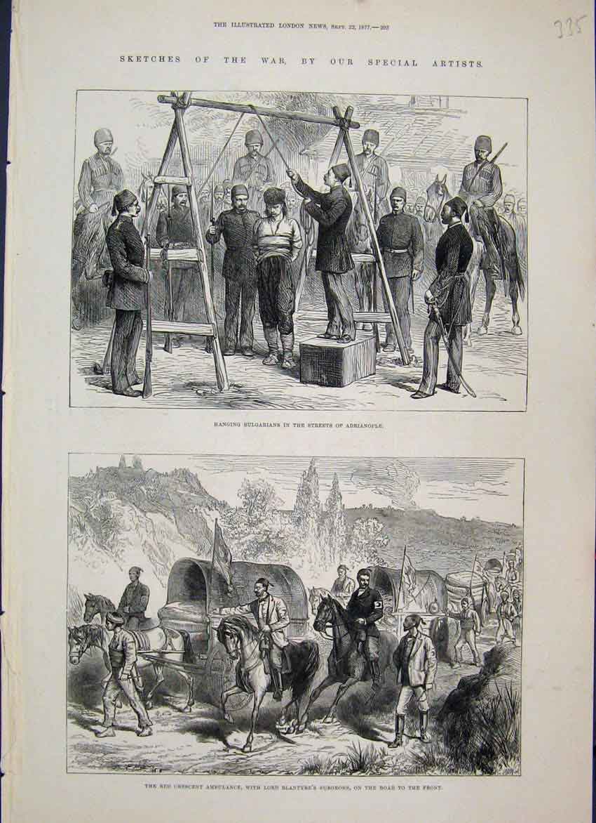 Old Antique Print 1877 Hanging Bulgarians Red Crescent Ambulance Blantyre 19th