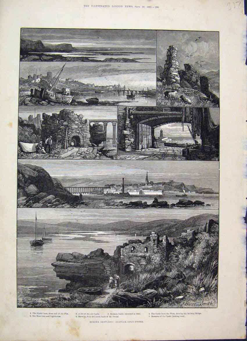 Original Old Antique Print 1883 Berwick Upon Tweed Border Sketches Castle Bridge
