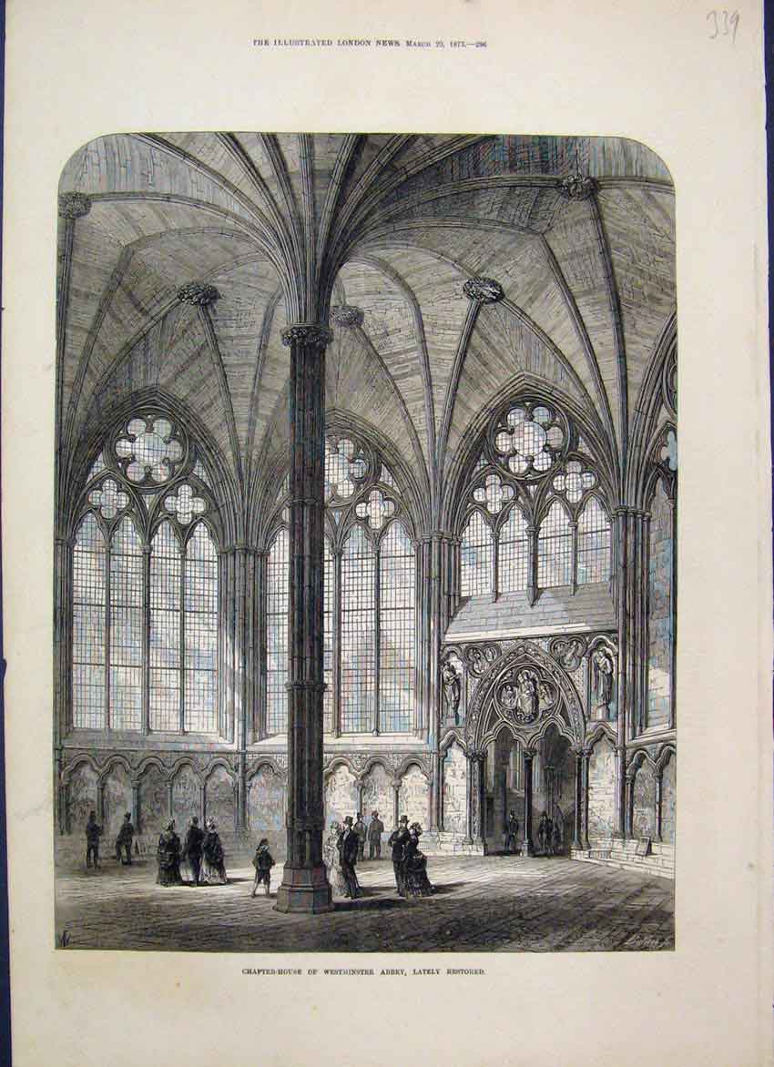 Original Old Antique Print 1873 Chapter House Westminster Abbey Restored 19th