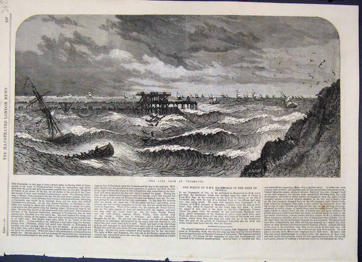 Original Old Antique Print 1865 Gale Tynemouth Northumberland Coast Boats 19th