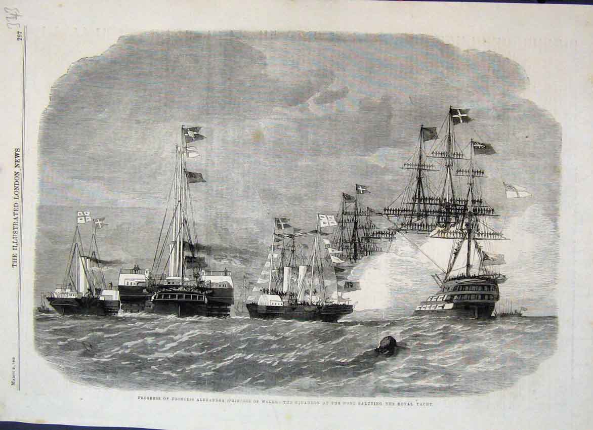 Original Old Antique Print 1863 Squadron Nore Saluting Royal Yacht Boats 19th