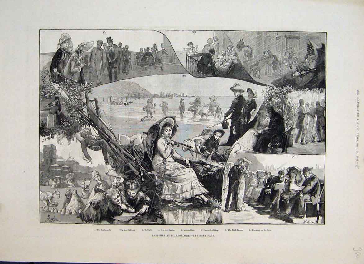 Original Old Antique Print 1881 Sketches Scarborough Esplanade Morning Spa 19th
