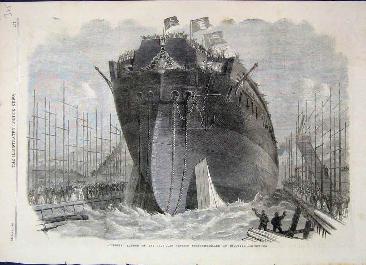 Original Old Antique Print 1866 Attempted Launch Frigate Northumberland Millwall