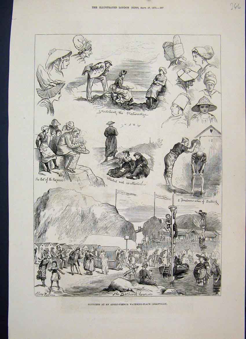 Original Old Antique Print 1879 Sketches Anglo French Watering Place Grandville