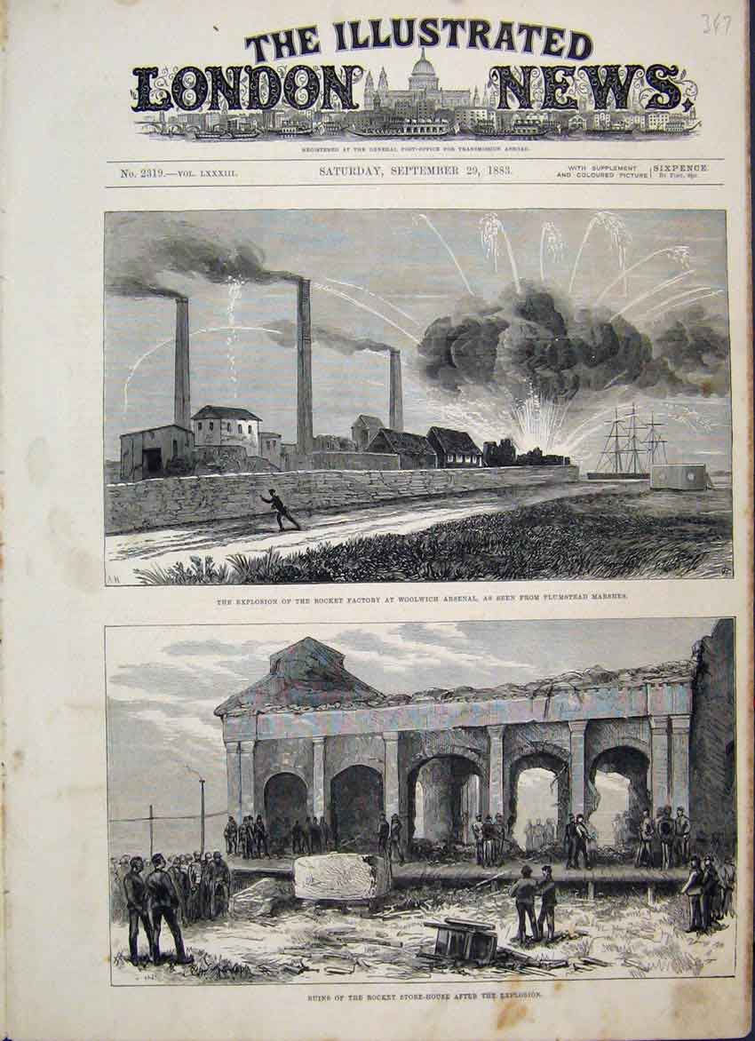 Original Old Antique Print 1883 Explosion Rocket Factory Plumstead Marshes Ruins