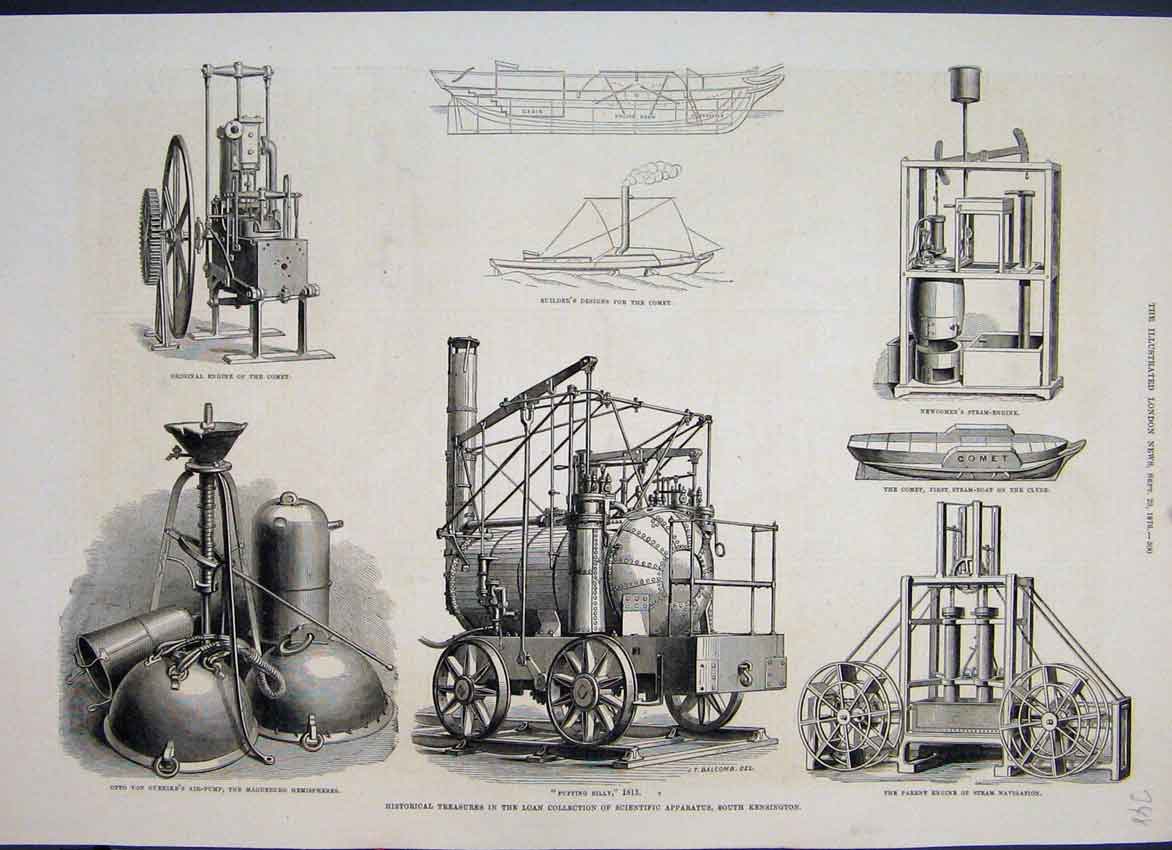 Original Old Antique Print 1876 Historical Scientific Apparatus South Kensington