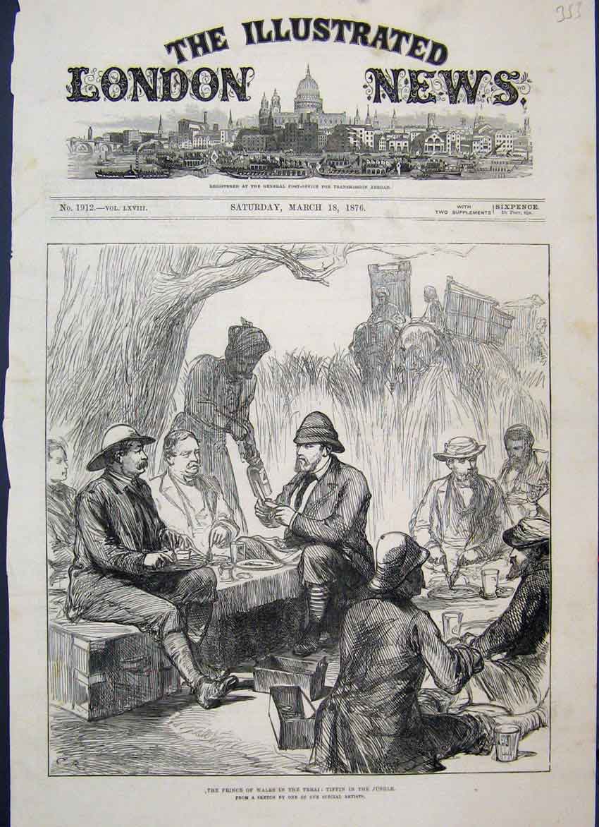 Original Old Antique Print 1870 Prince Wales Terai Tiffin In Jungle Victorian