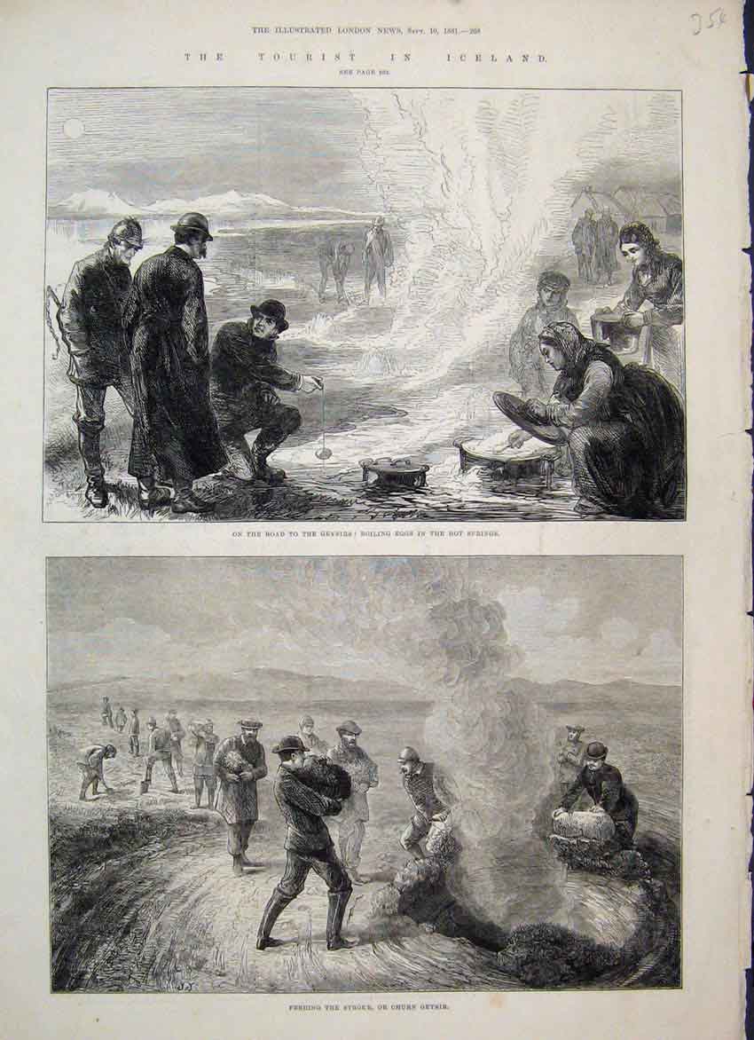 Original Old Antique Print 1881 Boiling Eggs Hot Springs Feeding Geysirs 19th