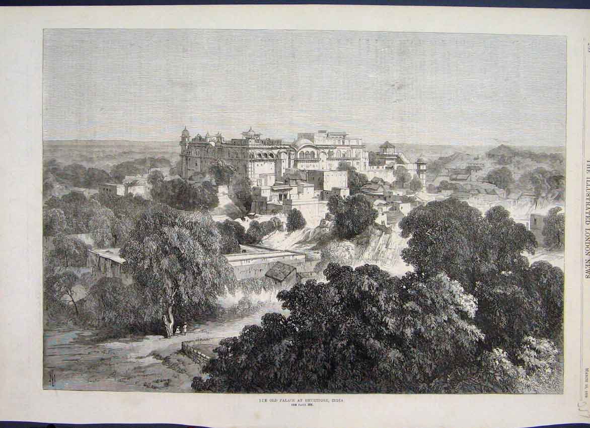Original Old Antique Print 1870 Palace Bhurtpore India 19th Century
